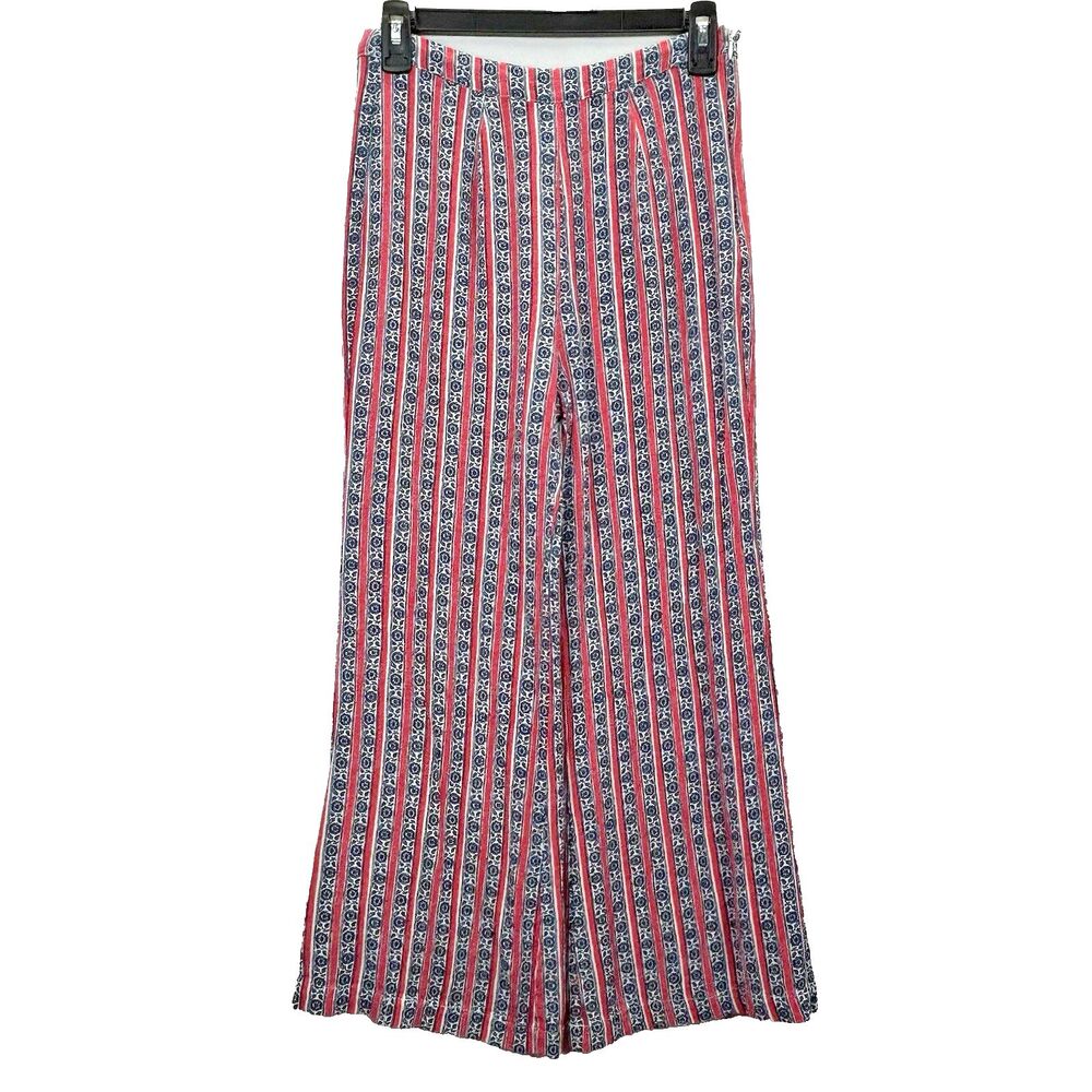 Olivaceous Wide Leg Pants Small Rayon Red Blue Ditsy Floral Stripe Beach Boho